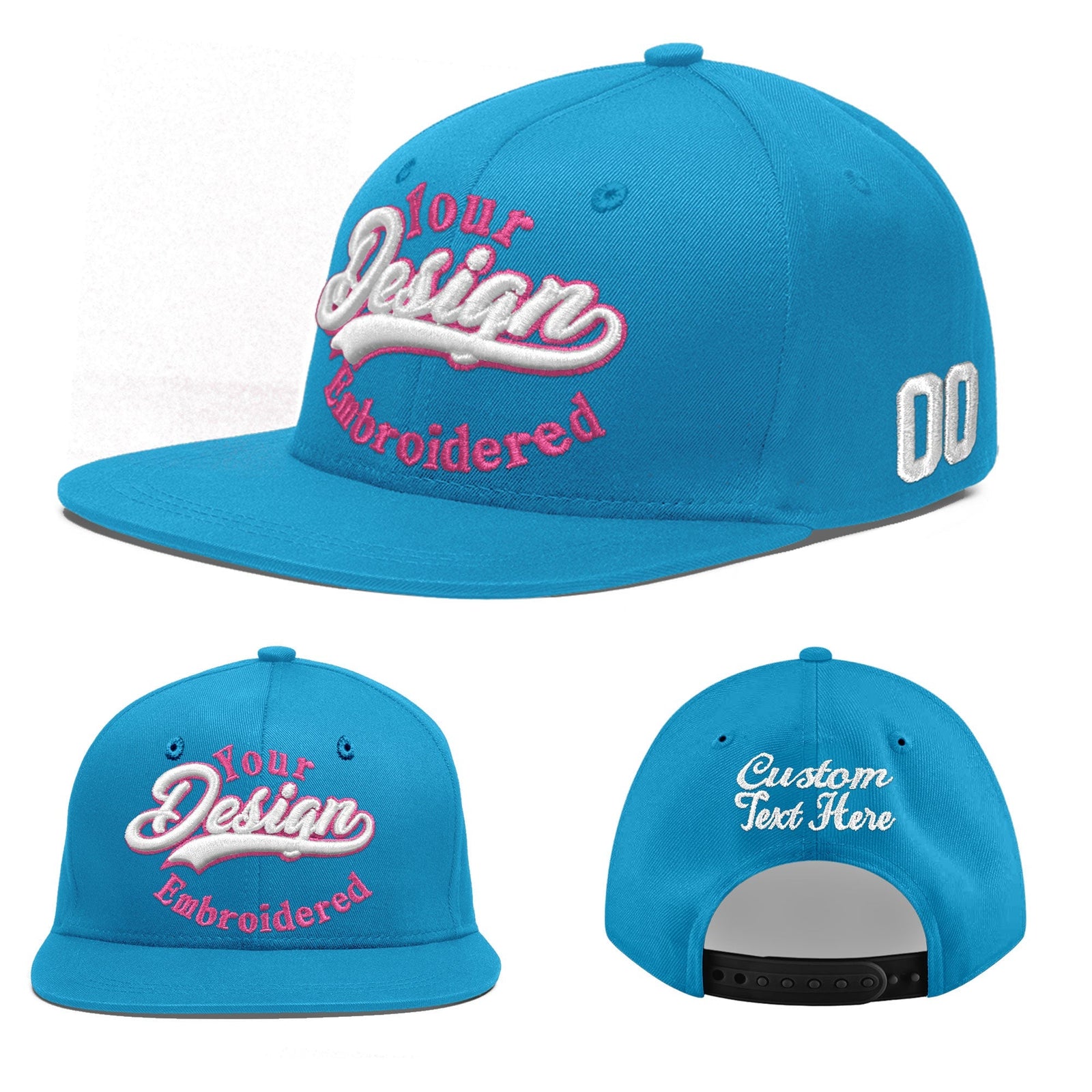 Custom Light Blue 3D Puff Embroidery Flat Embroidery Casual Sport Baseball Cap