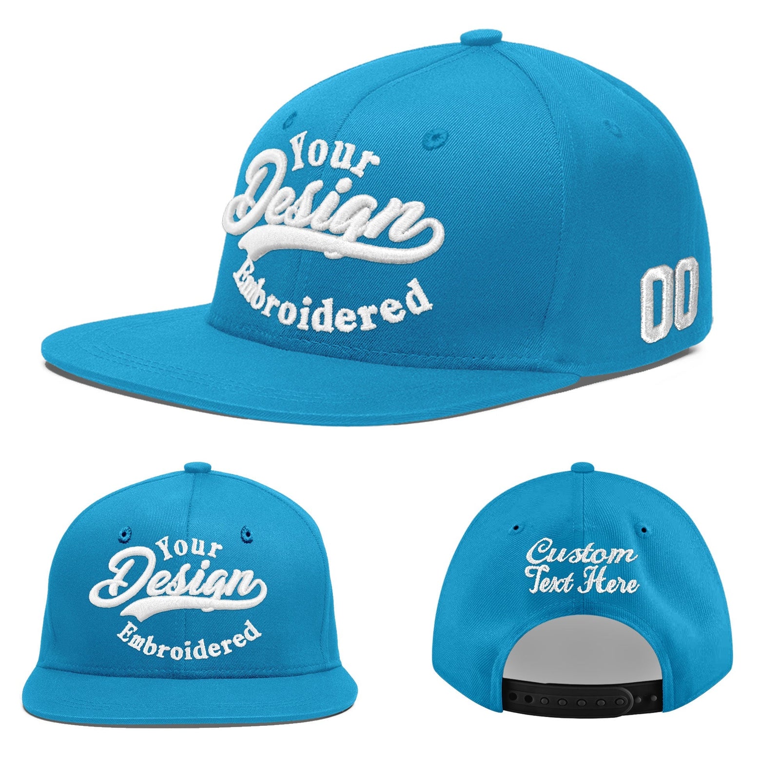 Custom Light Blue 3D Puff Embroidery Flat Embroidery Casual Sport Baseball Cap