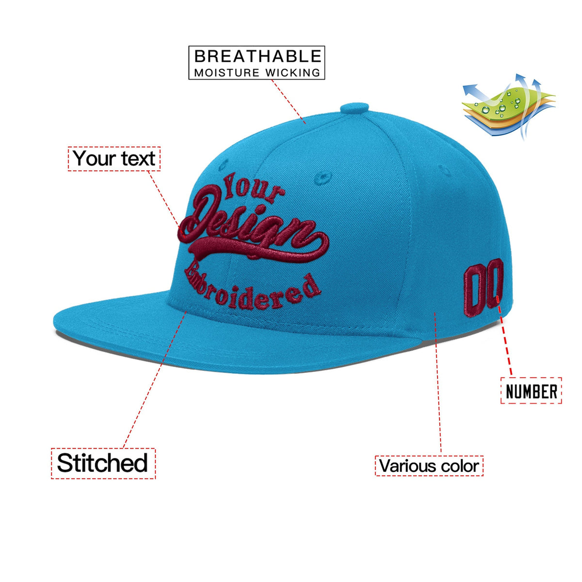 Custom Light Blue 3D Puff Embroidery Flat Embroidery Casual Sport Baseball Cap