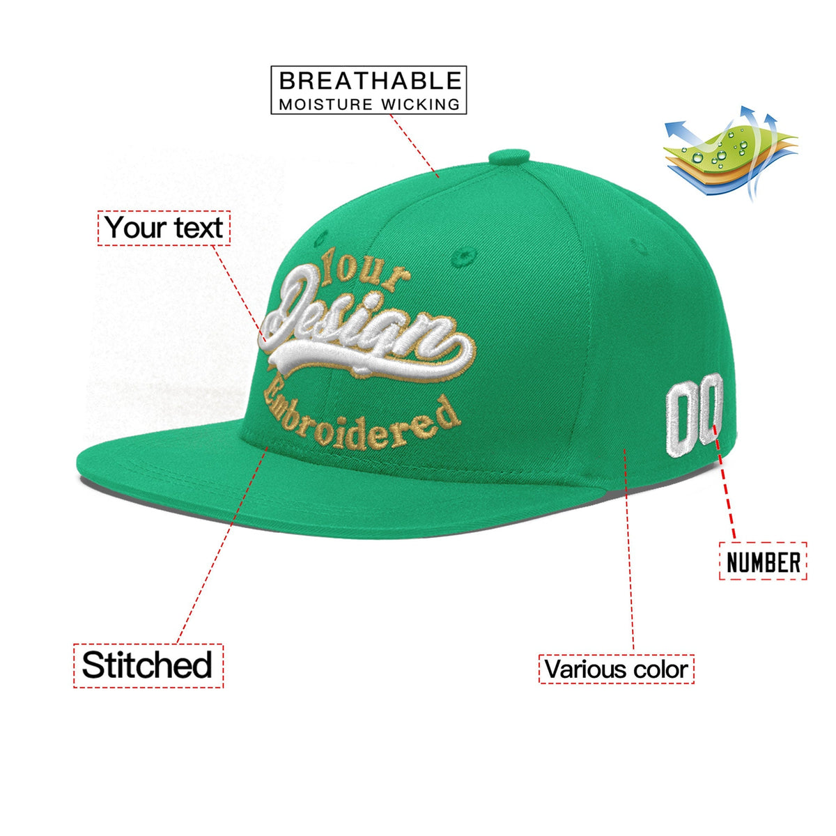 Custom Aqua 3D Puff Embroidery Flat Embroidery Casual Sport Baseball Cap