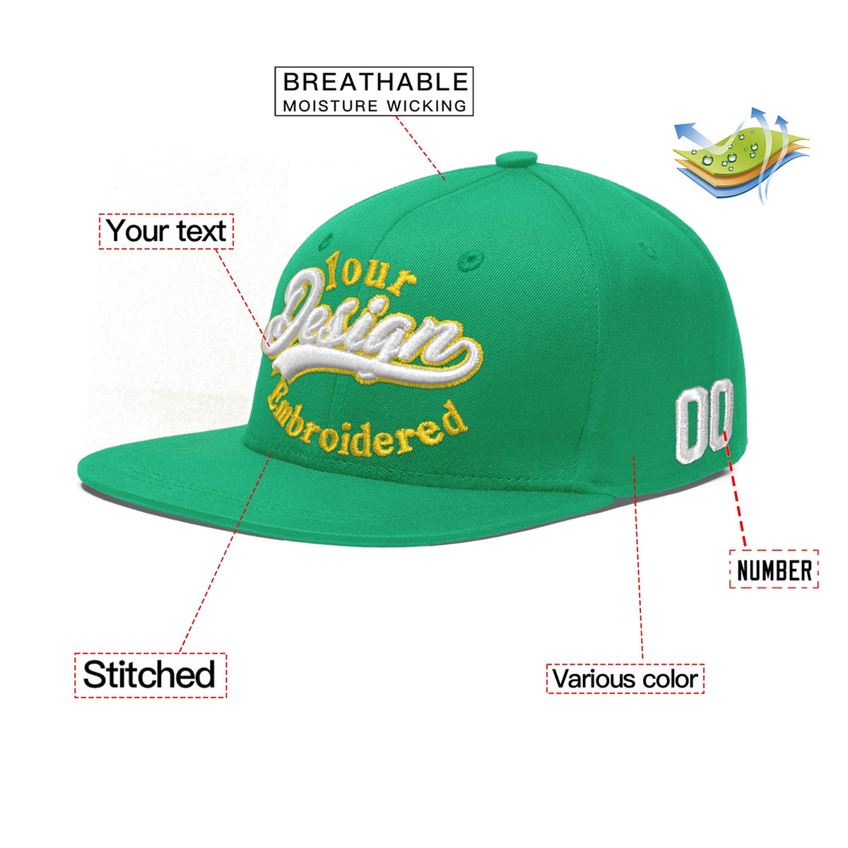 Custom Aqua 3D Puff Embroidery Flat Embroidery Casual Sport Baseball Cap