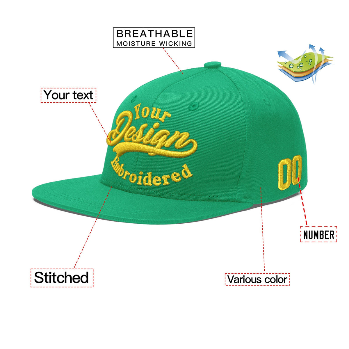 Custom Aqua 3D Puff Embroidery Flat Embroidery Casual Sport Baseball Cap