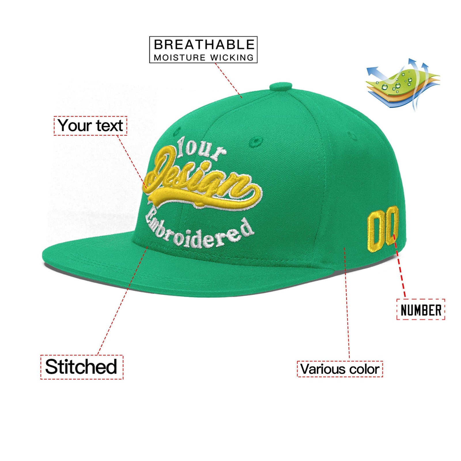 Custom Aqua 3D Puff Embroidery Flat Embroidery Casual Sport Baseball Cap