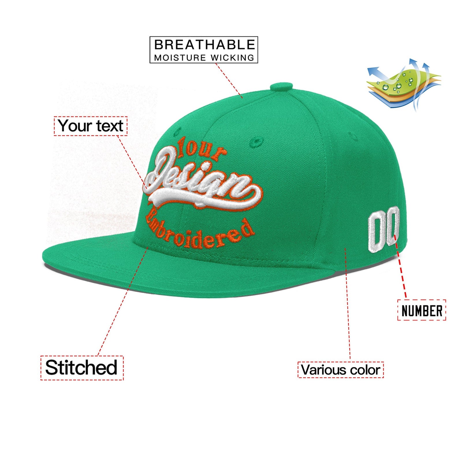Custom Aqua 3D Puff Embroidery Flat Embroidery Casual Sport Baseball Cap