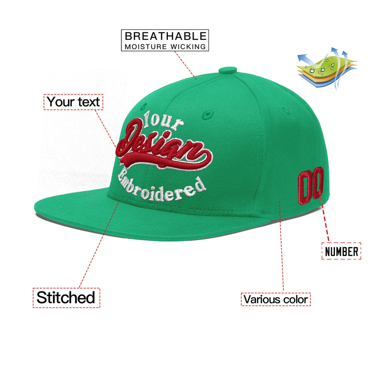 Custom Aqua 3D Puff Embroidery Flat Embroidery Casual Sport Baseball Cap