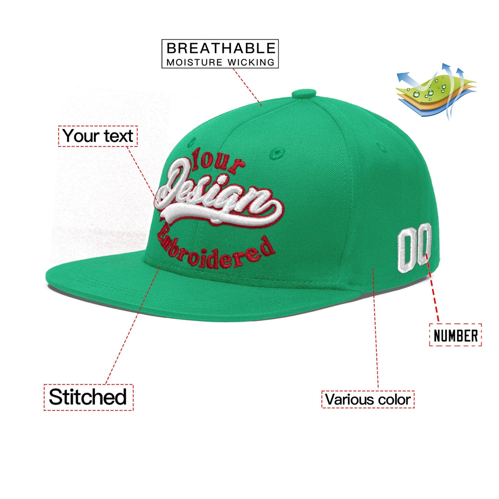 Custom Aqua 3D Puff Embroidery Flat Embroidery Casual Sport Baseball Cap