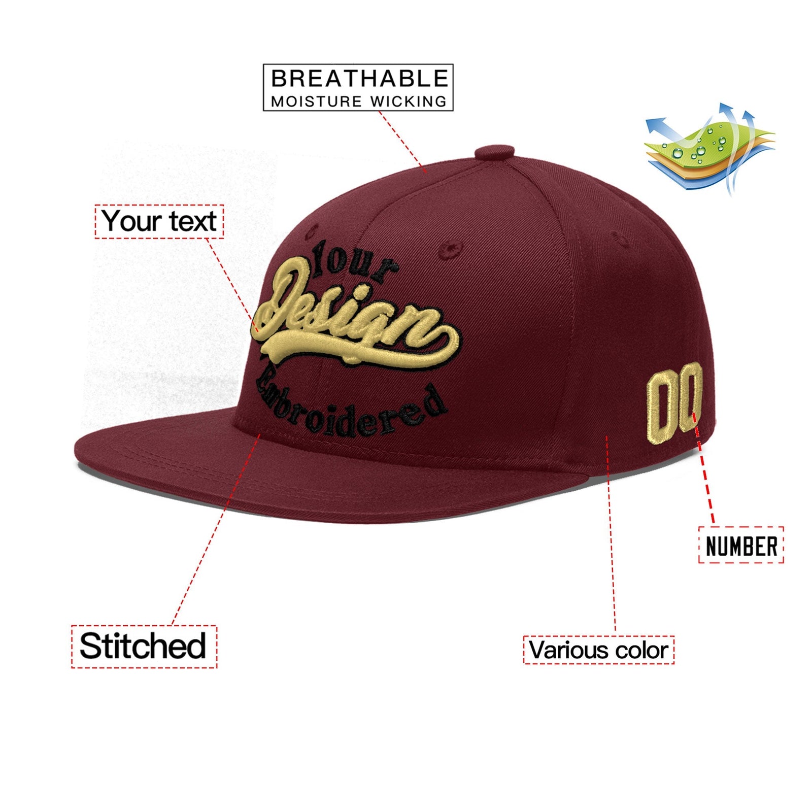 Custom Maroon 3D Puff Embroidery Flat Embroidery Casual Sport Baseball Cap