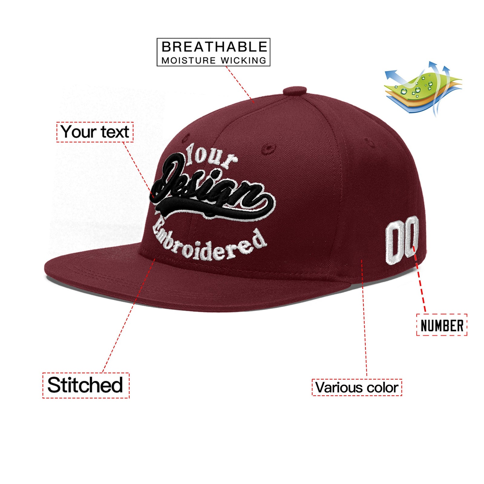 Custom Maroon 3D Puff Embroidery Flat Embroidery Casual Sport Baseball Cap