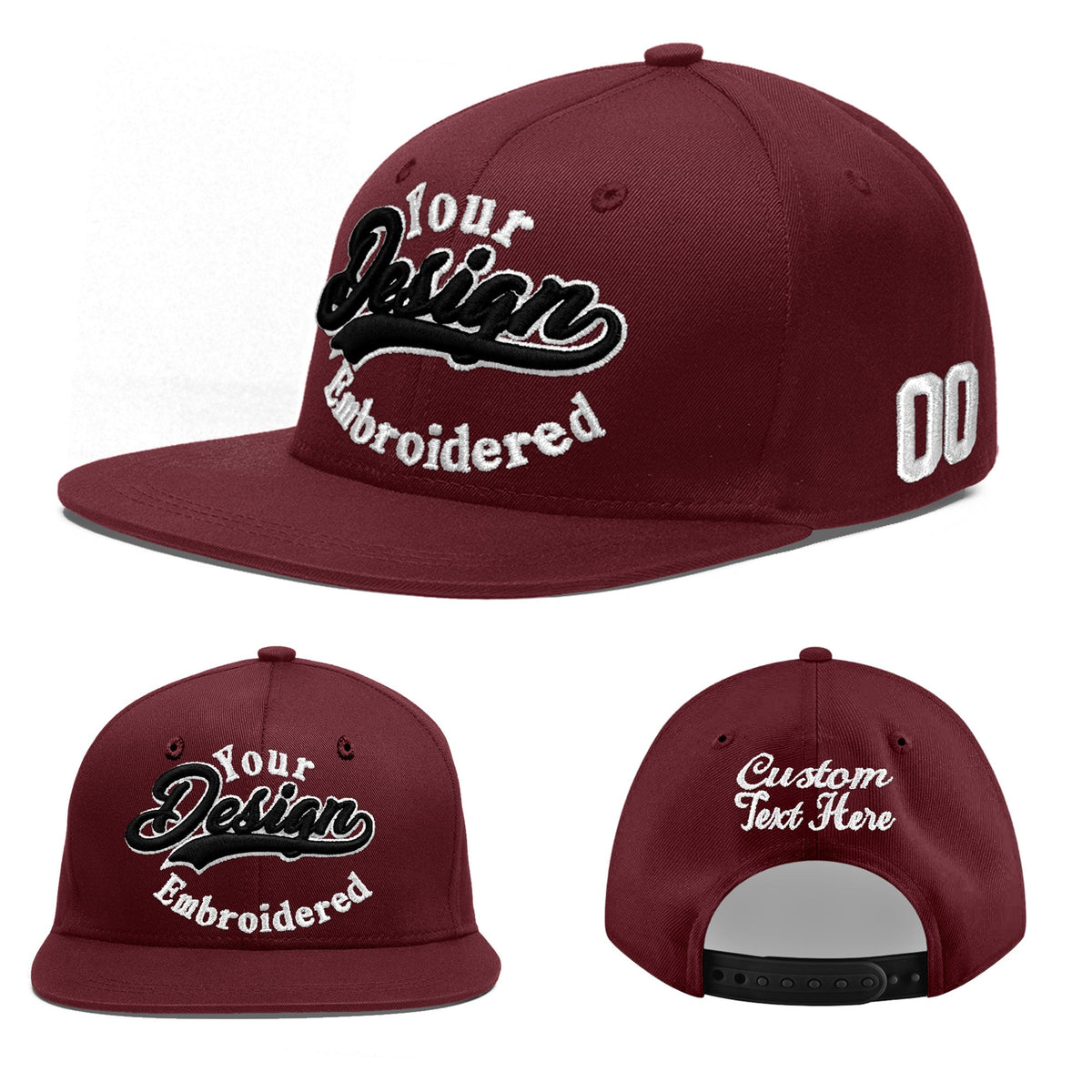 Custom Maroon 3D Puff Embroidery Flat Embroidery Casual Sport Baseball Cap