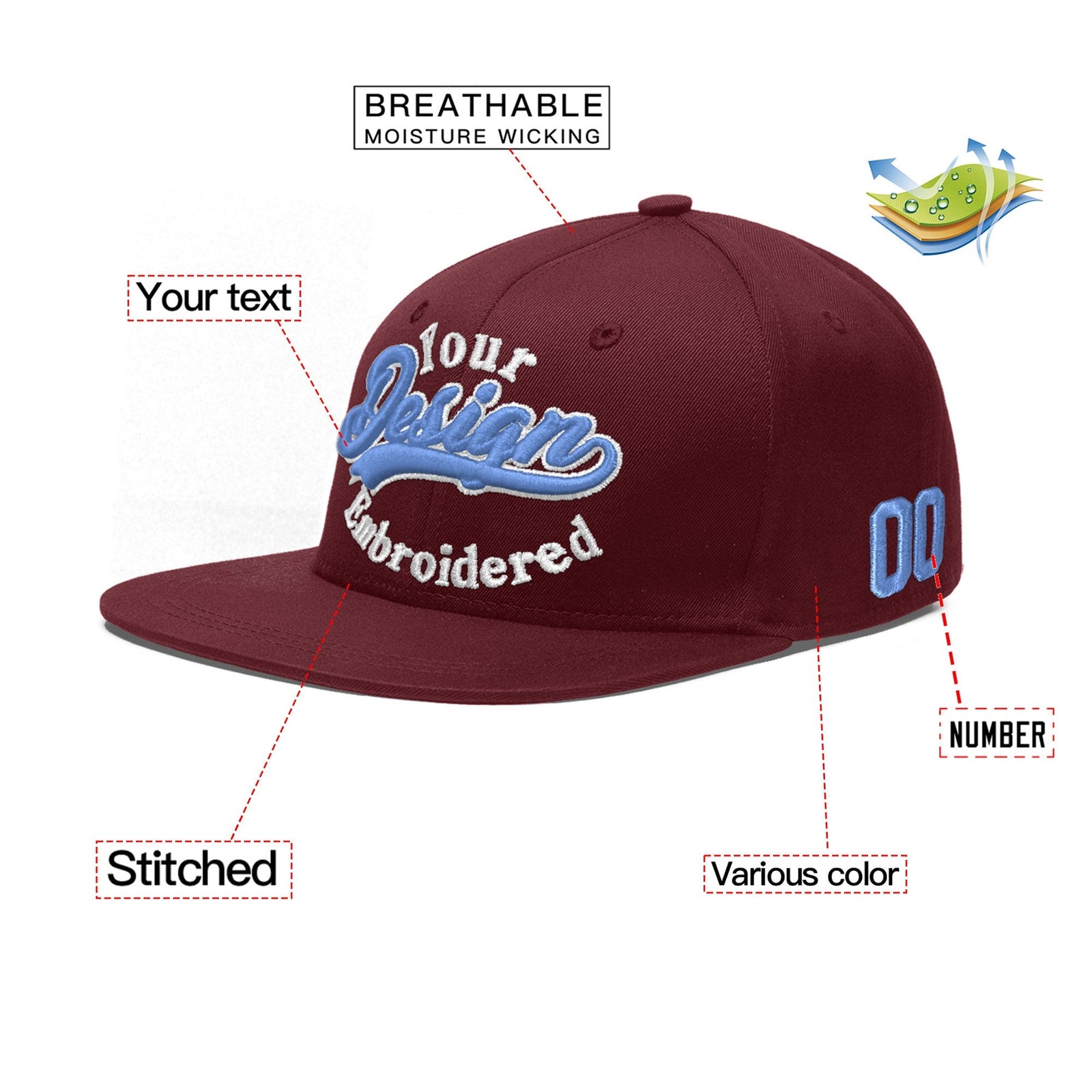 Custom Maroon 3D Puff Embroidery Flat Embroidery Casual Sport Baseball Cap