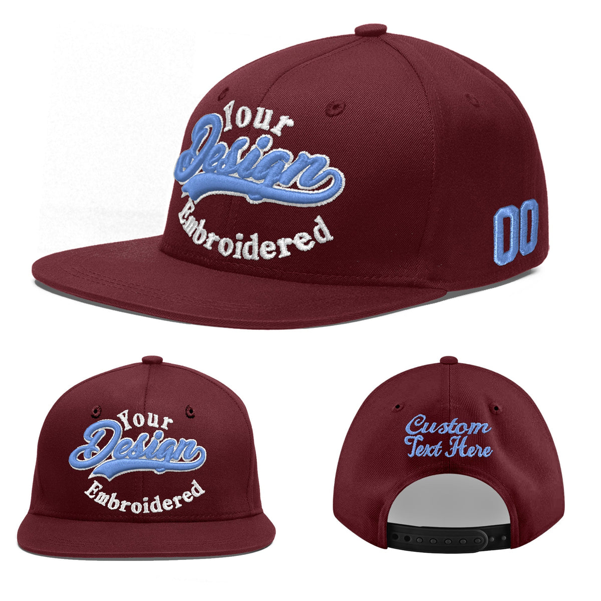 Custom Maroon 3D Puff Embroidery Flat Embroidery Casual Sport Baseball Cap