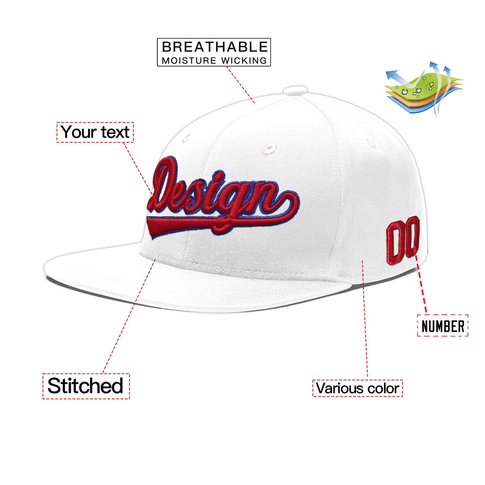 Custom White 3D Puff Embroidery Flat Embroidery Casual Sport Baseball Cap