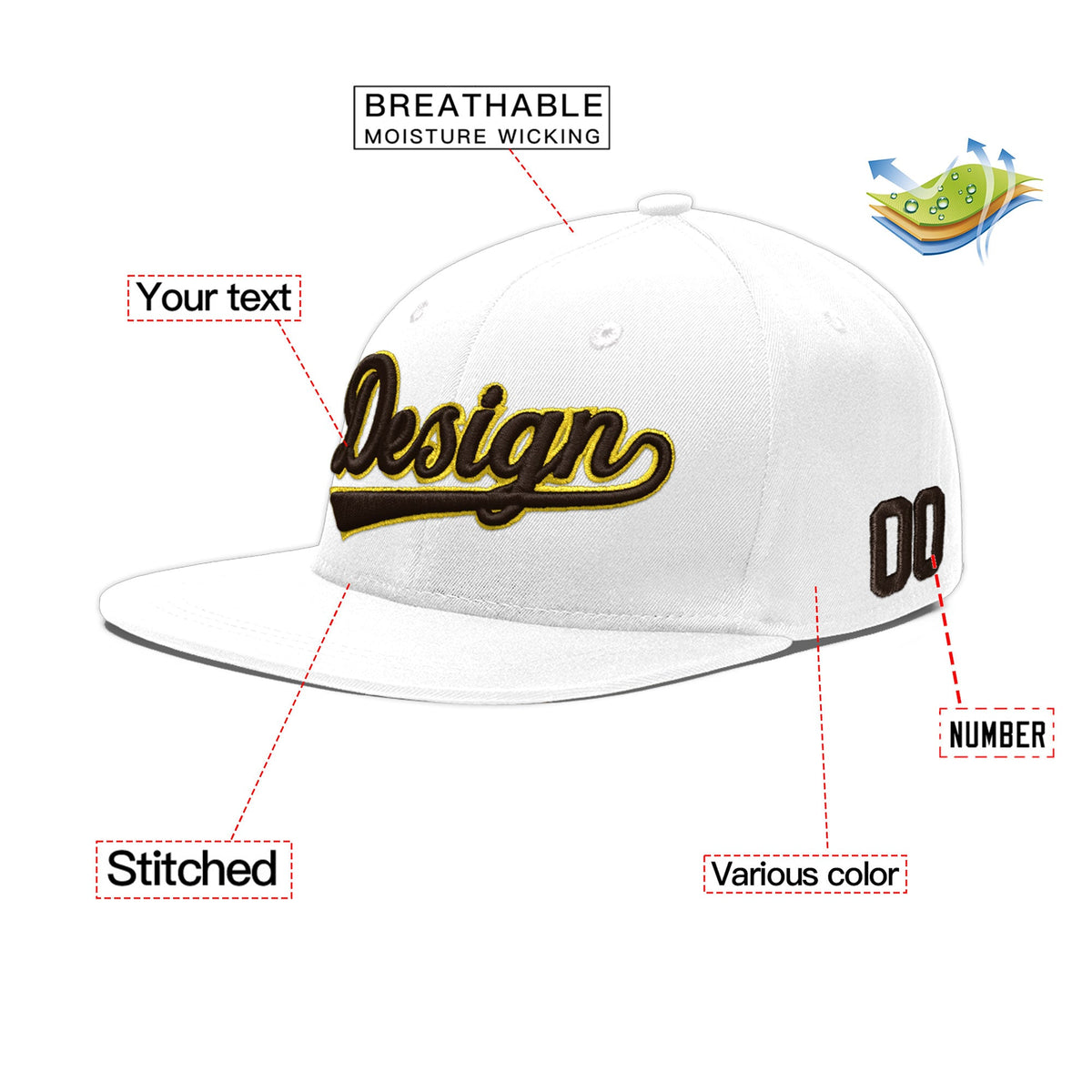 Custom White 3D Puff Embroidery Flat Embroidery Casual Sport Baseball Cap