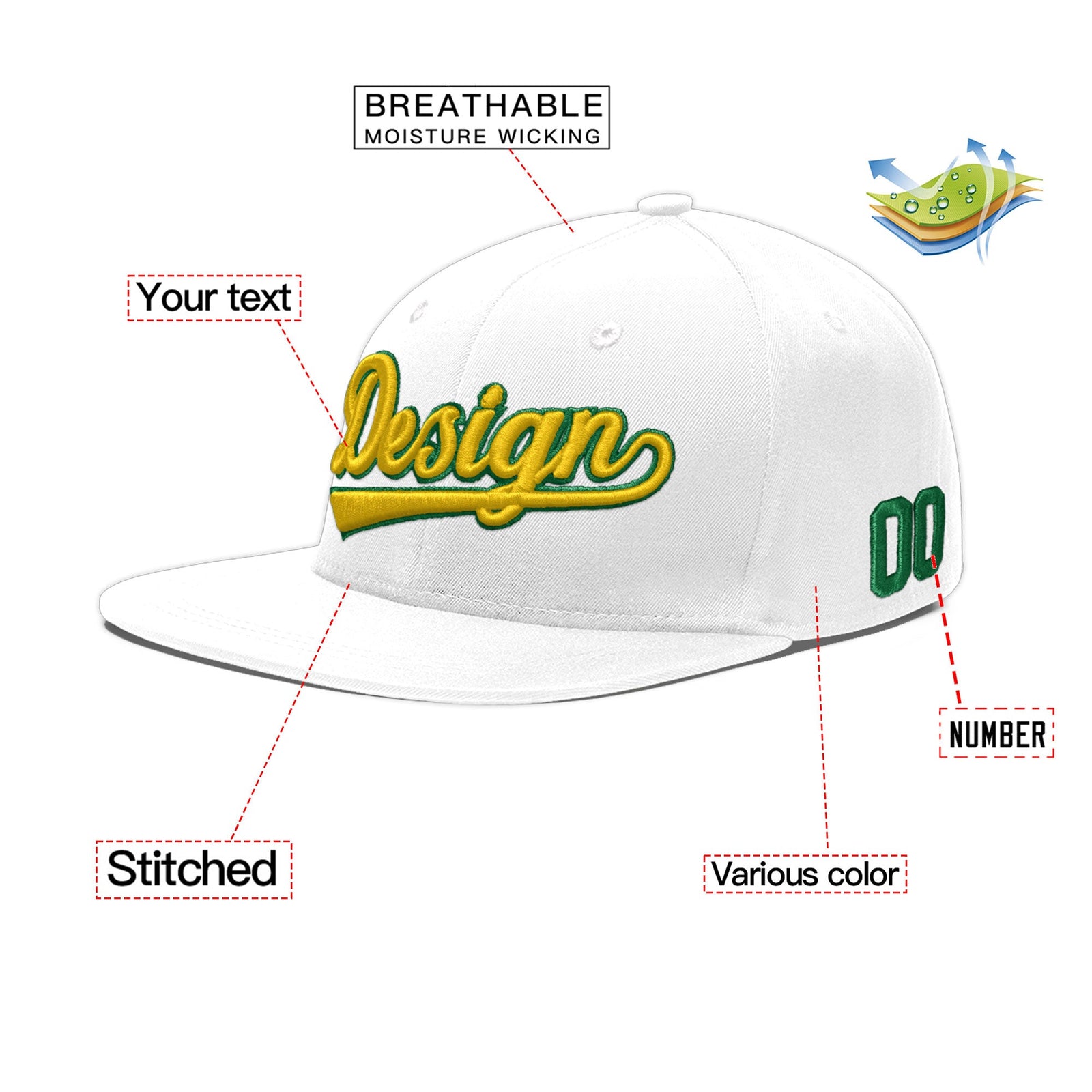 Custom White 3D Puff Embroidery Flat Embroidery Casual Sport Baseball Cap