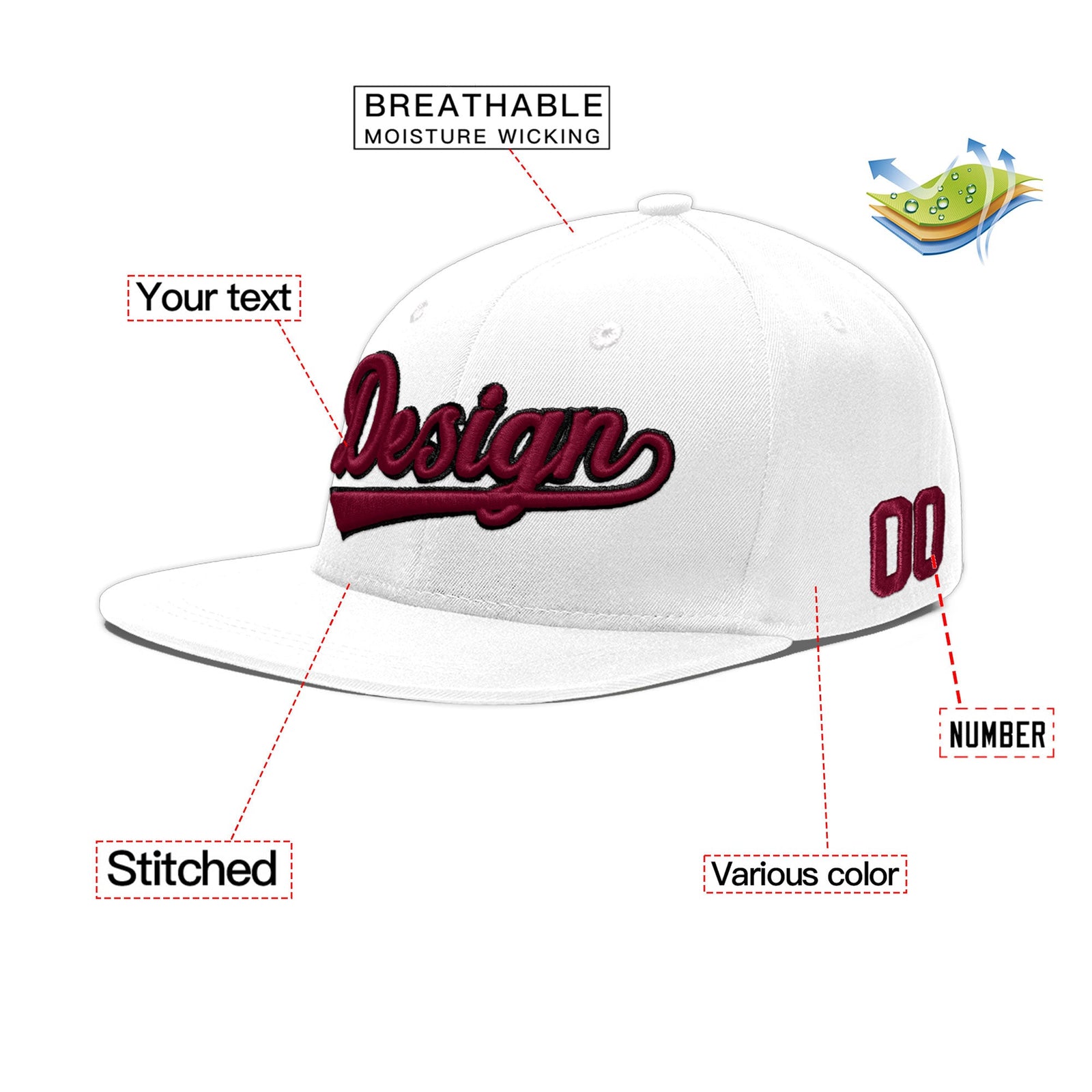 Custom White 3D Puff Embroidery Flat Embroidery Casual Sport Baseball Cap
