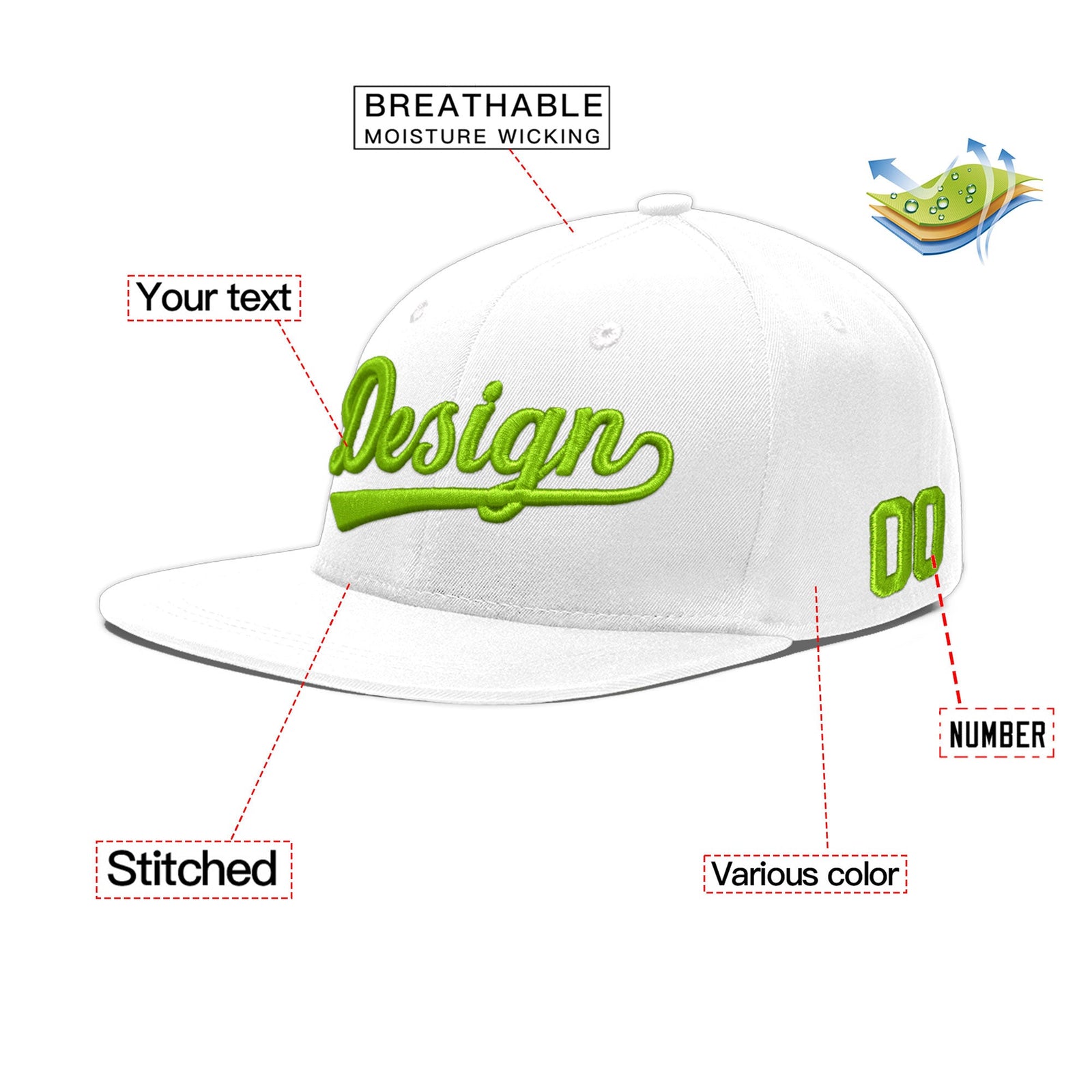 Custom White 3D Puff Embroidery Flat Embroidery Casual Sport Baseball Cap