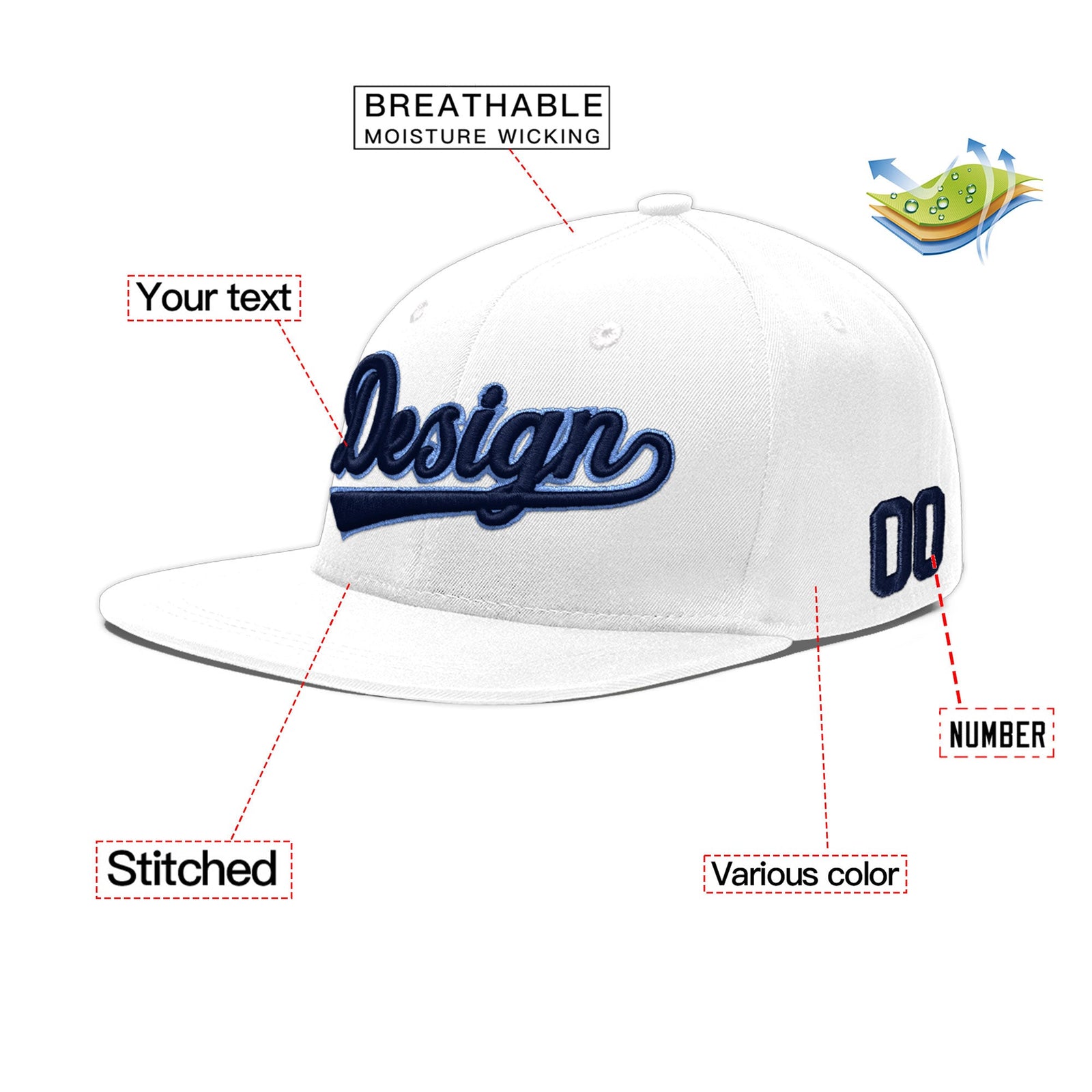 Custom White 3D Puff Embroidery Flat Embroidery Casual Sport Baseball Cap