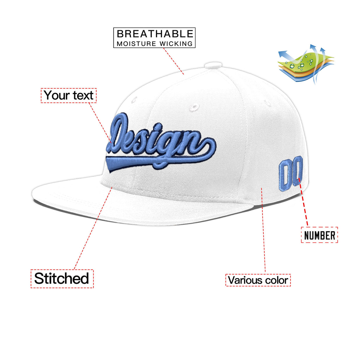 Custom White 3D Puff Embroidery Flat Embroidery Casual Sport Baseball Cap