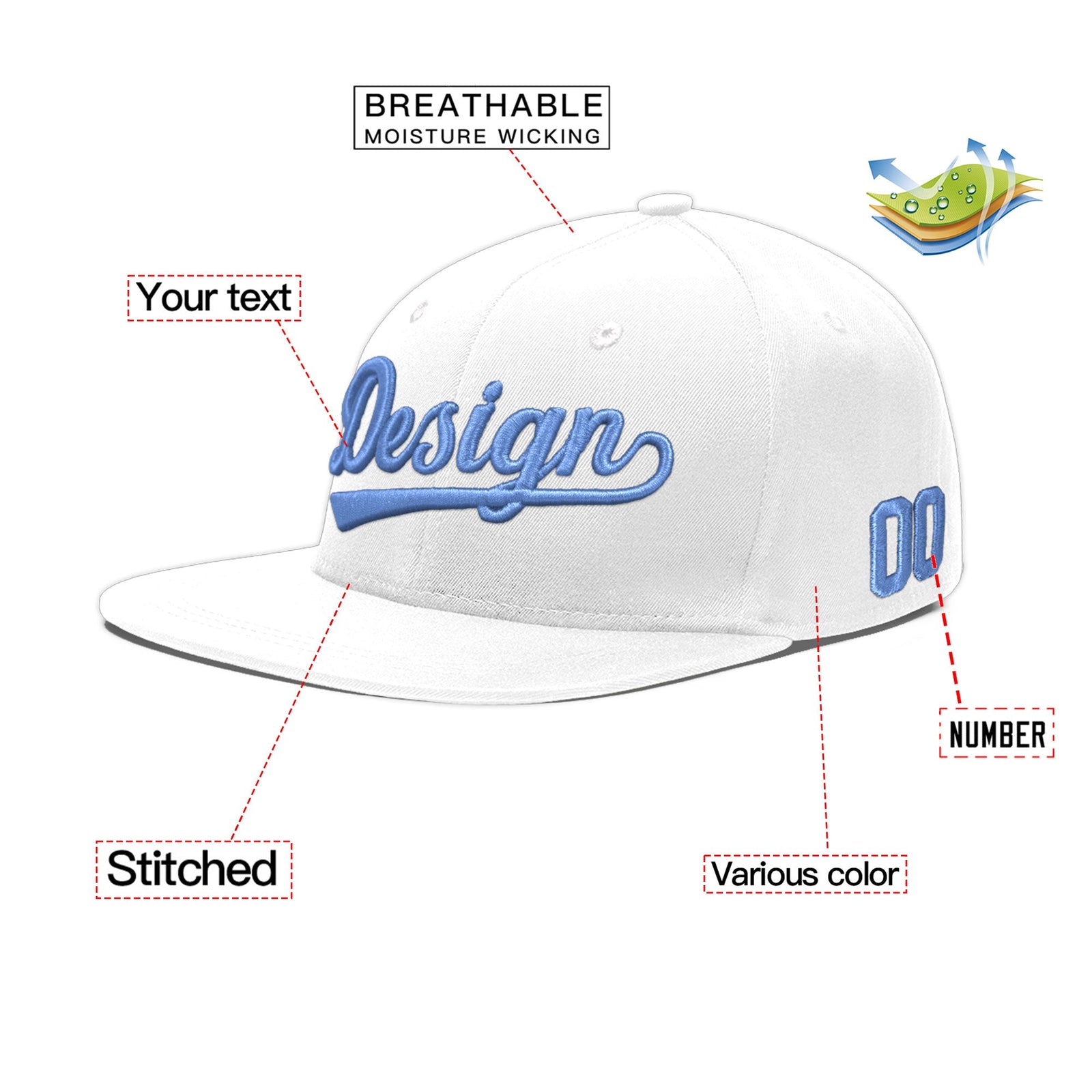 Custom White 3D Puff Embroidery Flat Embroidery Casual Sport Baseball Cap