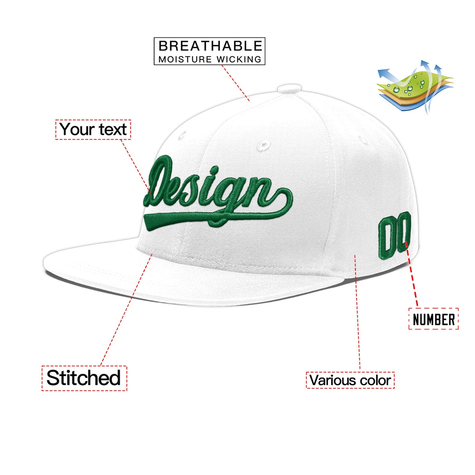Custom White 3D Puff Embroidery Flat Embroidery Casual Sport Baseball Cap