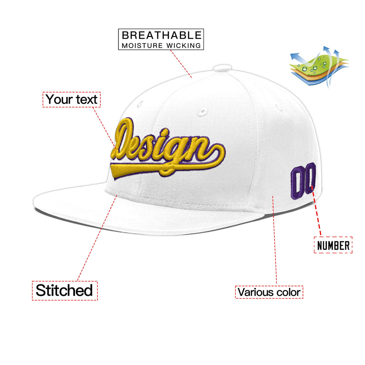 Custom White 3D Puff Embroidery Flat Embroidery Casual Sport Baseball Cap