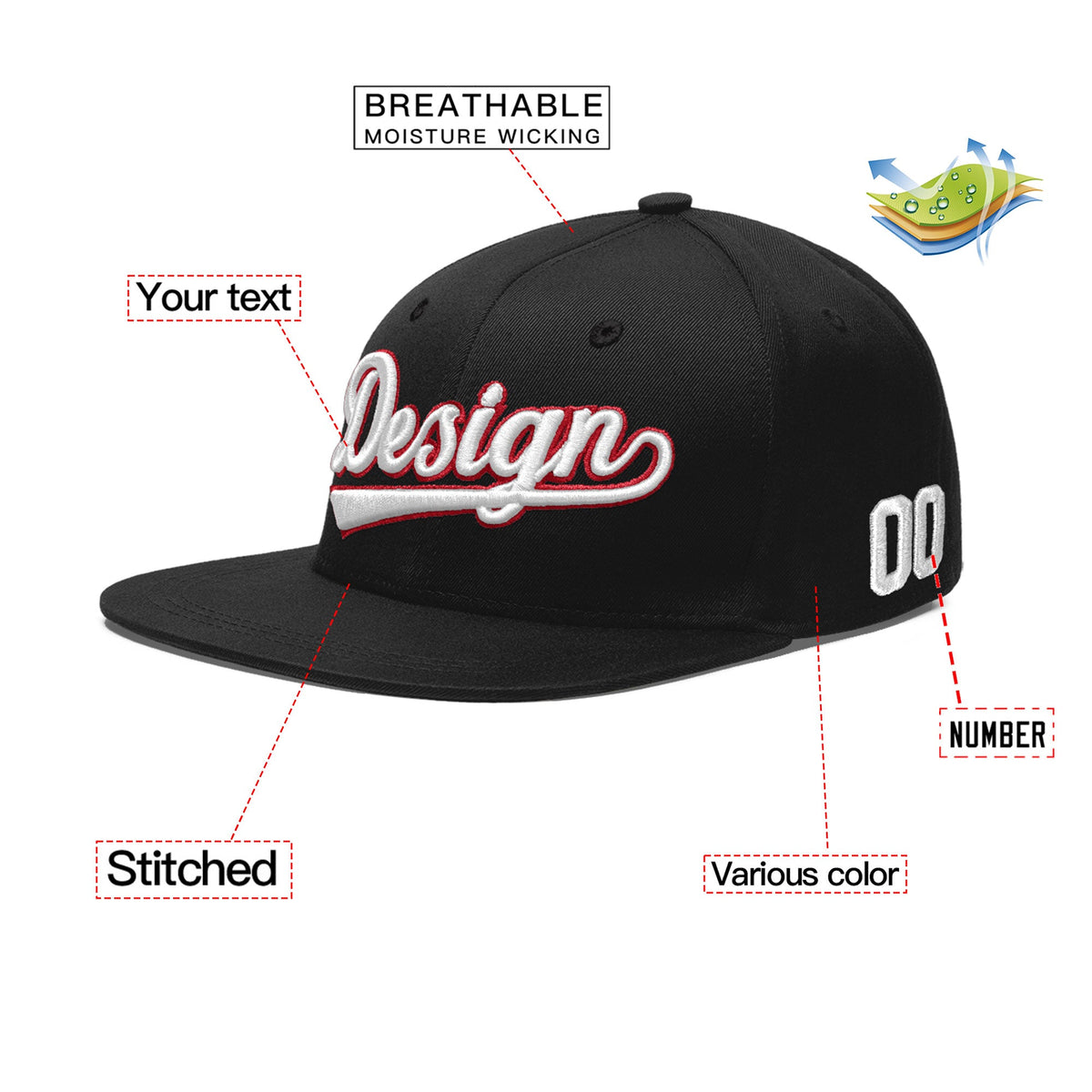 Custom Black 3D Puff Embroidery Flat Embroidery Casual Sport Baseball Cap