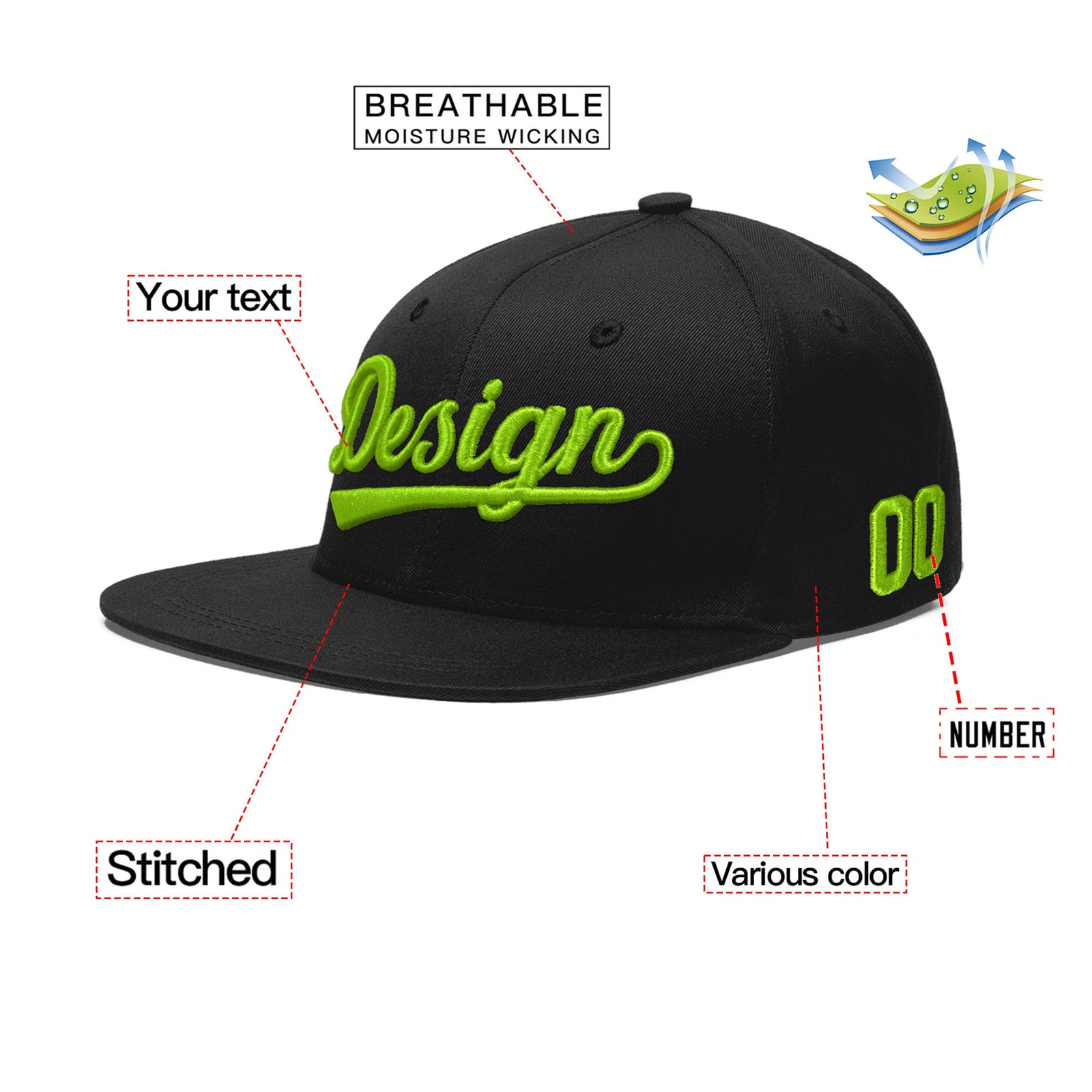 Custom Black 3D Puff Embroidery Flat Embroidery Casual Sport Baseball Cap