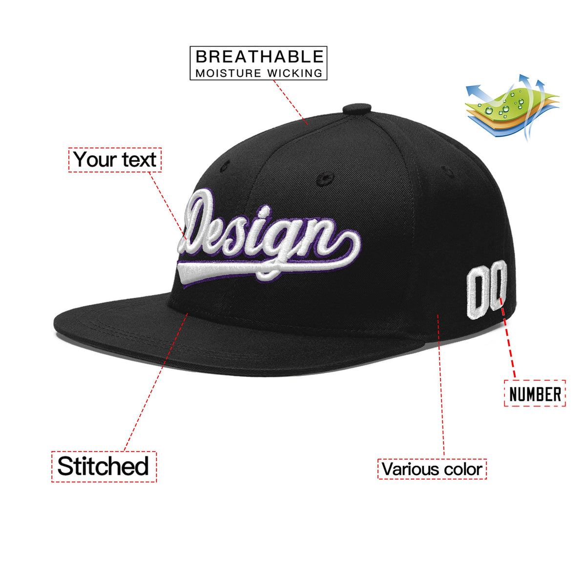 Custom Black 3D Puff Embroidery Flat Embroidery Casual Sport Baseball Cap