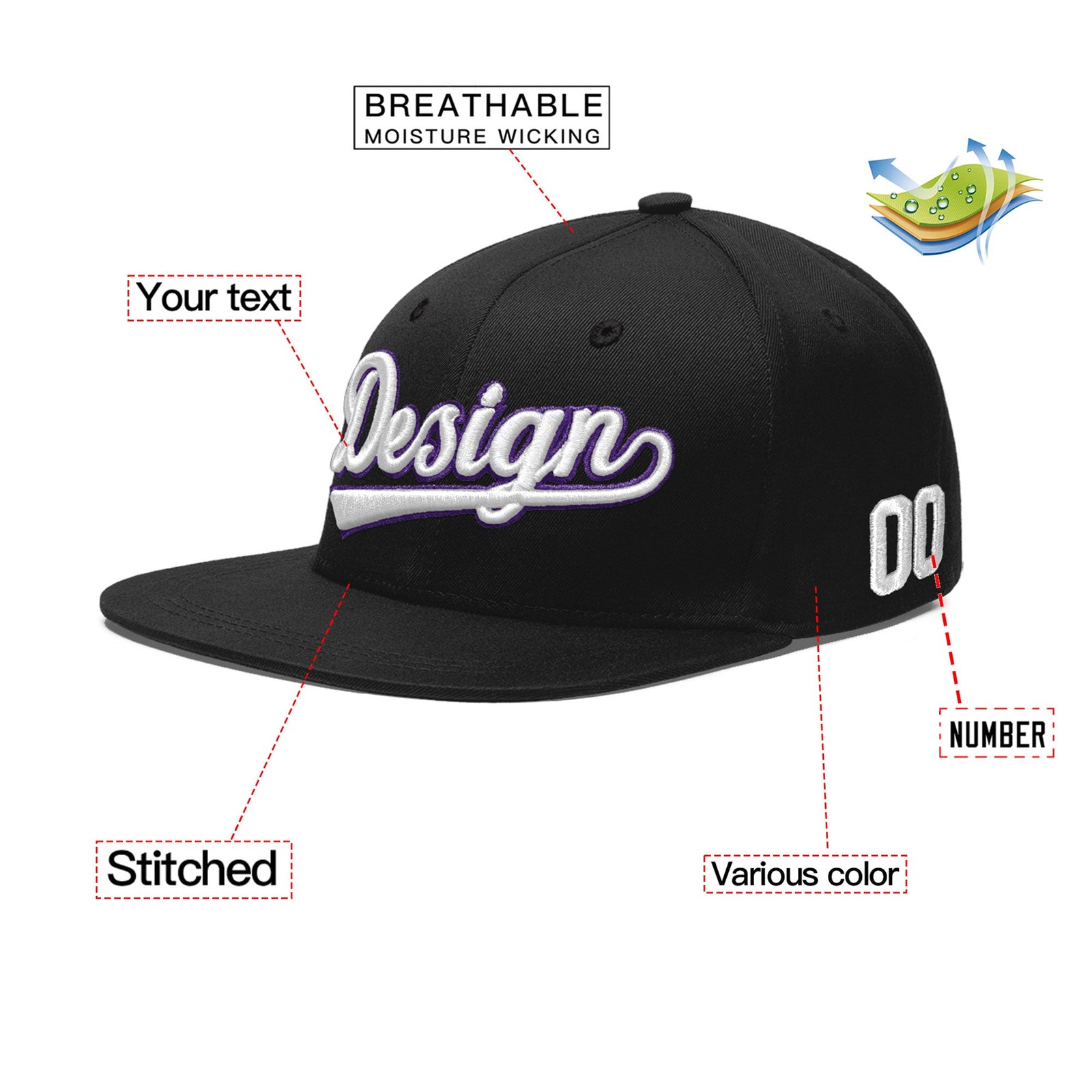 Custom Black 3D Puff Embroidery Flat Embroidery Casual Sport Baseball Cap