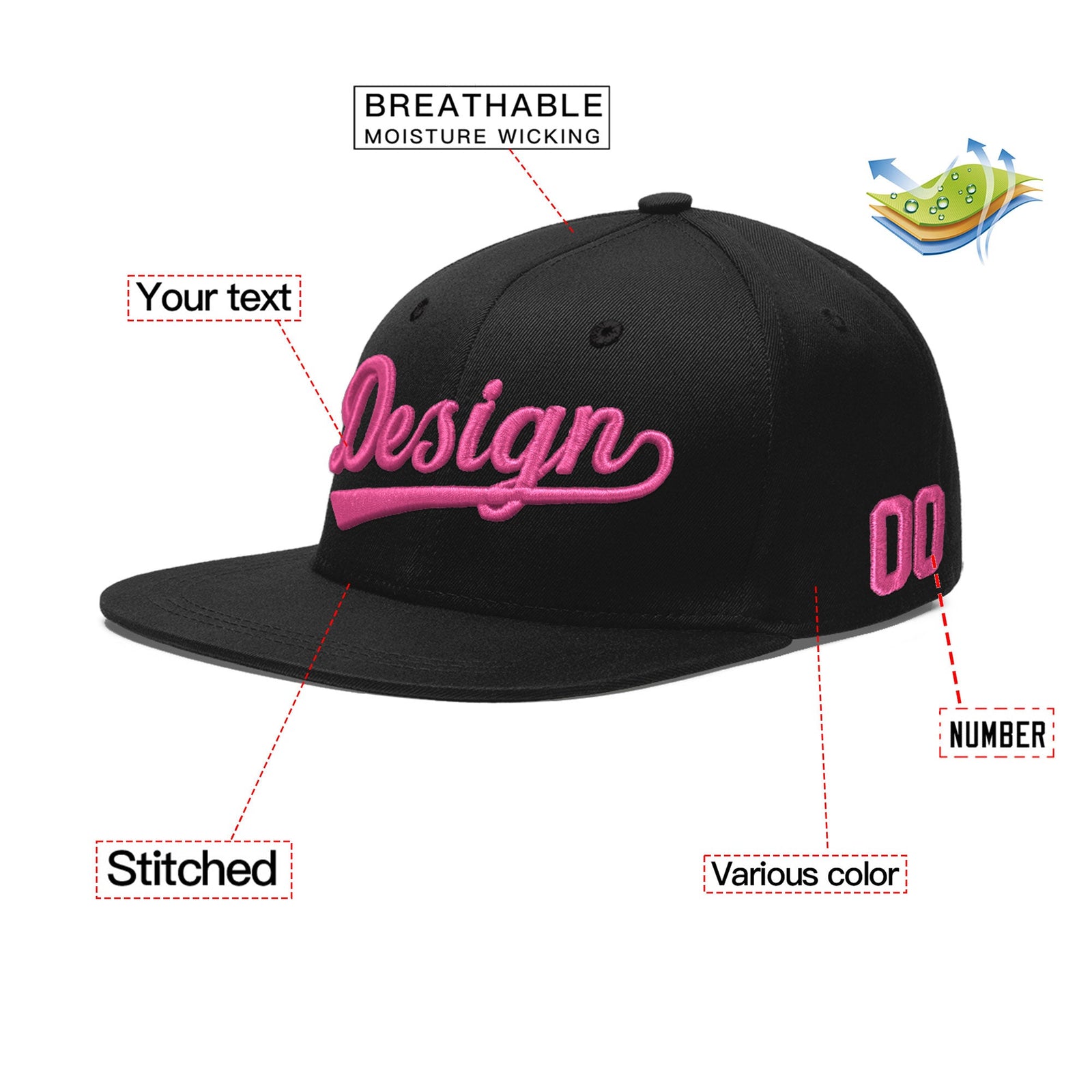 Custom Black 3D Puff Embroidery Flat Embroidery Casual Sport Baseball Cap
