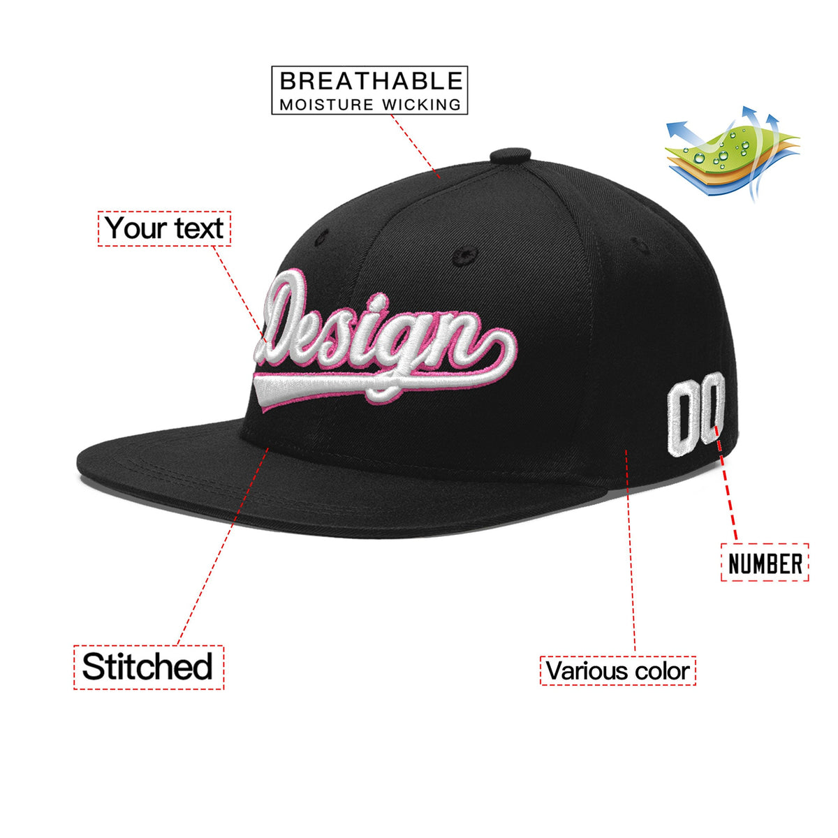 Custom Black 3D Puff Embroidery Flat Embroidery Casual Sport Baseball Cap