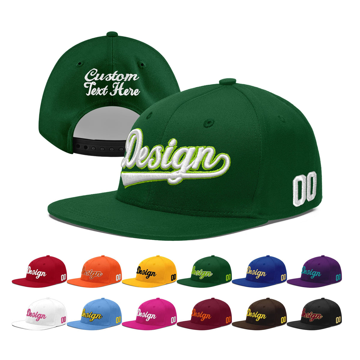 Custom Green 3D Puff Embroidery Flat Embroidery Casual Sport Baseball Cap