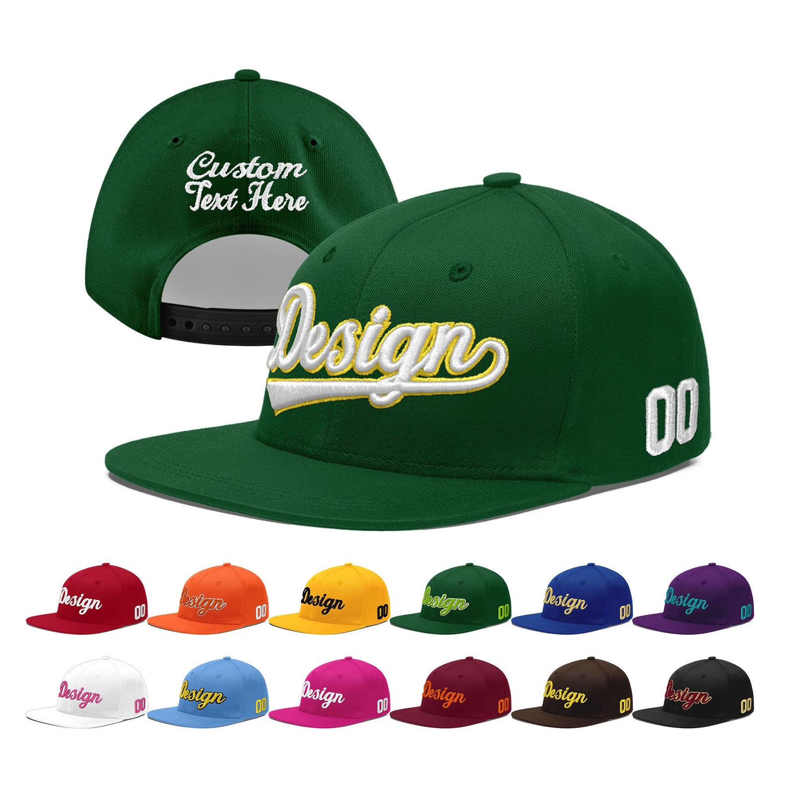 Custom Green 3D Puff Embroidery Flat Embroidery Casual Sport Baseball Cap