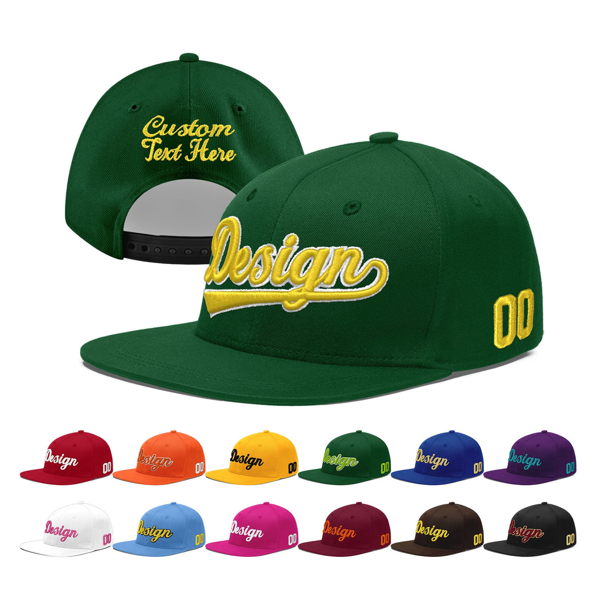 Custom Green 3D Puff Embroidery Flat Embroidery Casual Sport Baseball Cap
