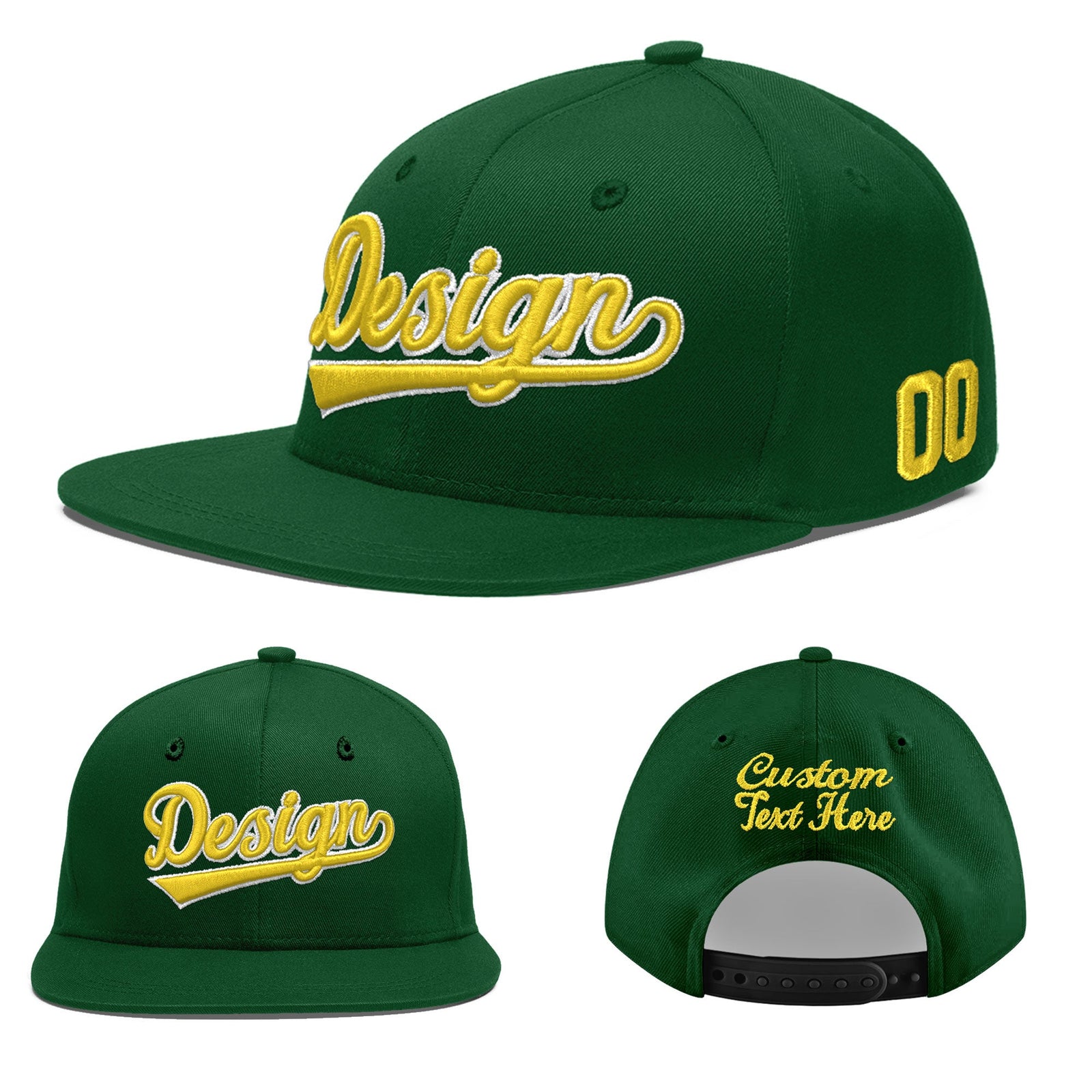 Custom Green 3D Puff Embroidery Flat Embroidery Casual Sport Baseball Cap