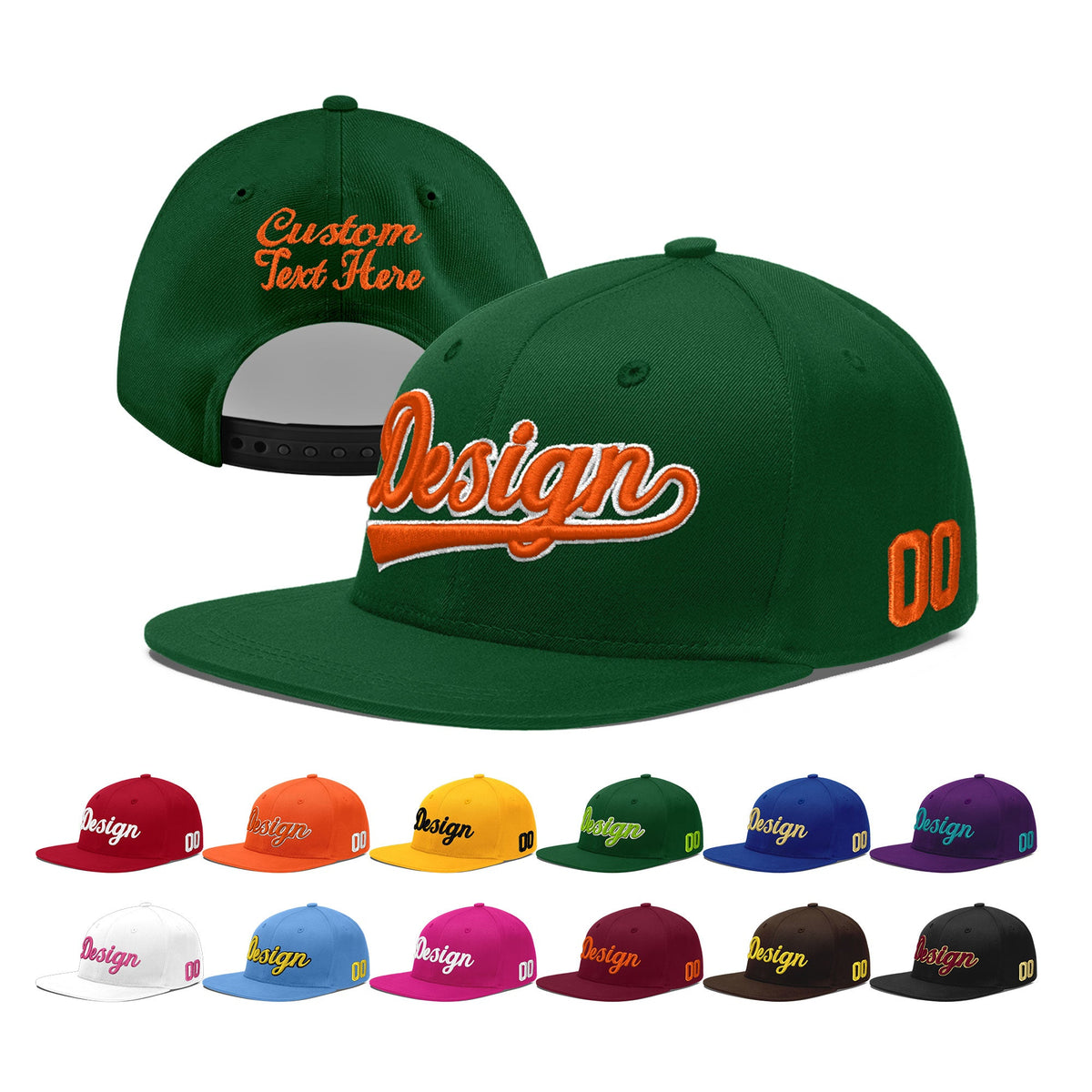 Custom Green 3D Puff Embroidery Flat Embroidery Casual Sport Baseball Cap