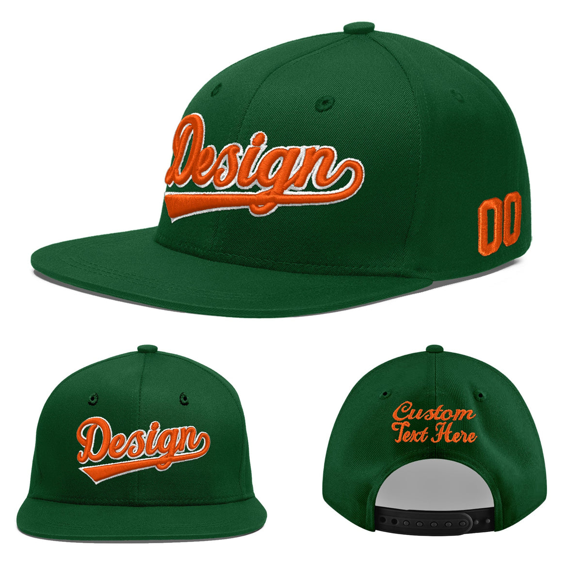 Custom Green 3D Puff Embroidery Flat Embroidery Casual Sport Baseball Cap