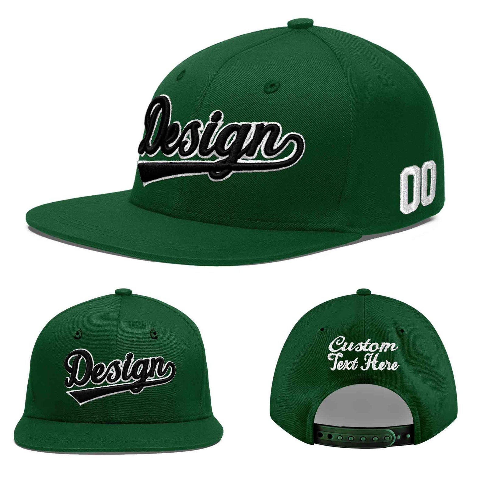 Custom Green 3D Puff Embroidery Flat Embroidery Casual Sport Baseball Cap