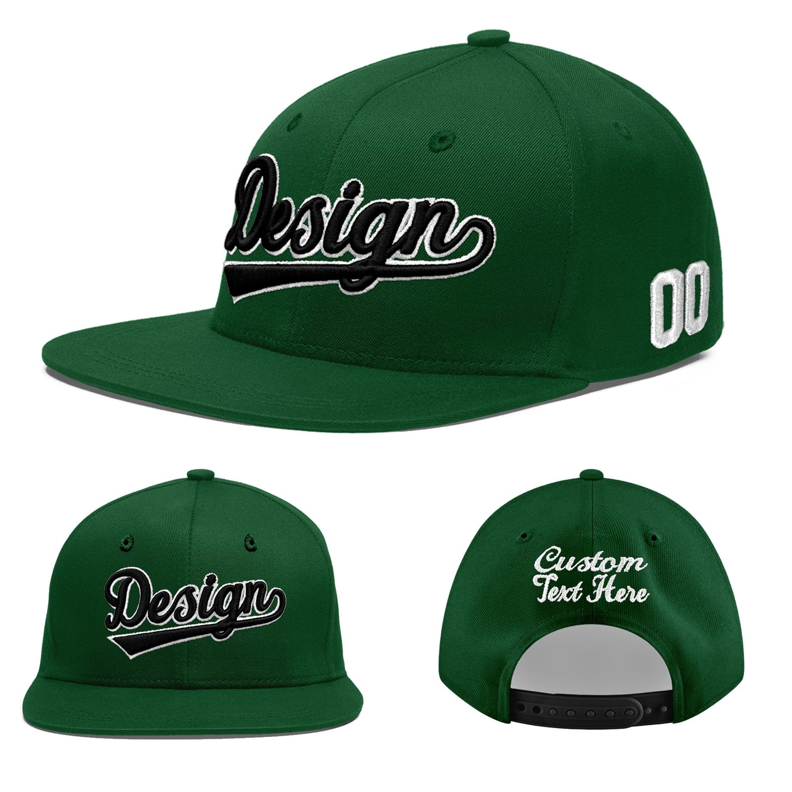 Custom Green 3D Puff Embroidery Flat Embroidery Casual Sport Baseball Cap