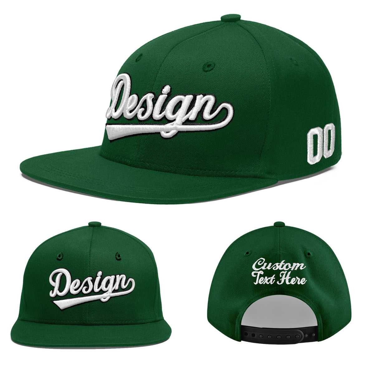 Custom Green 3D Puff Embroidery Flat Embroidery Casual Sport Baseball Cap