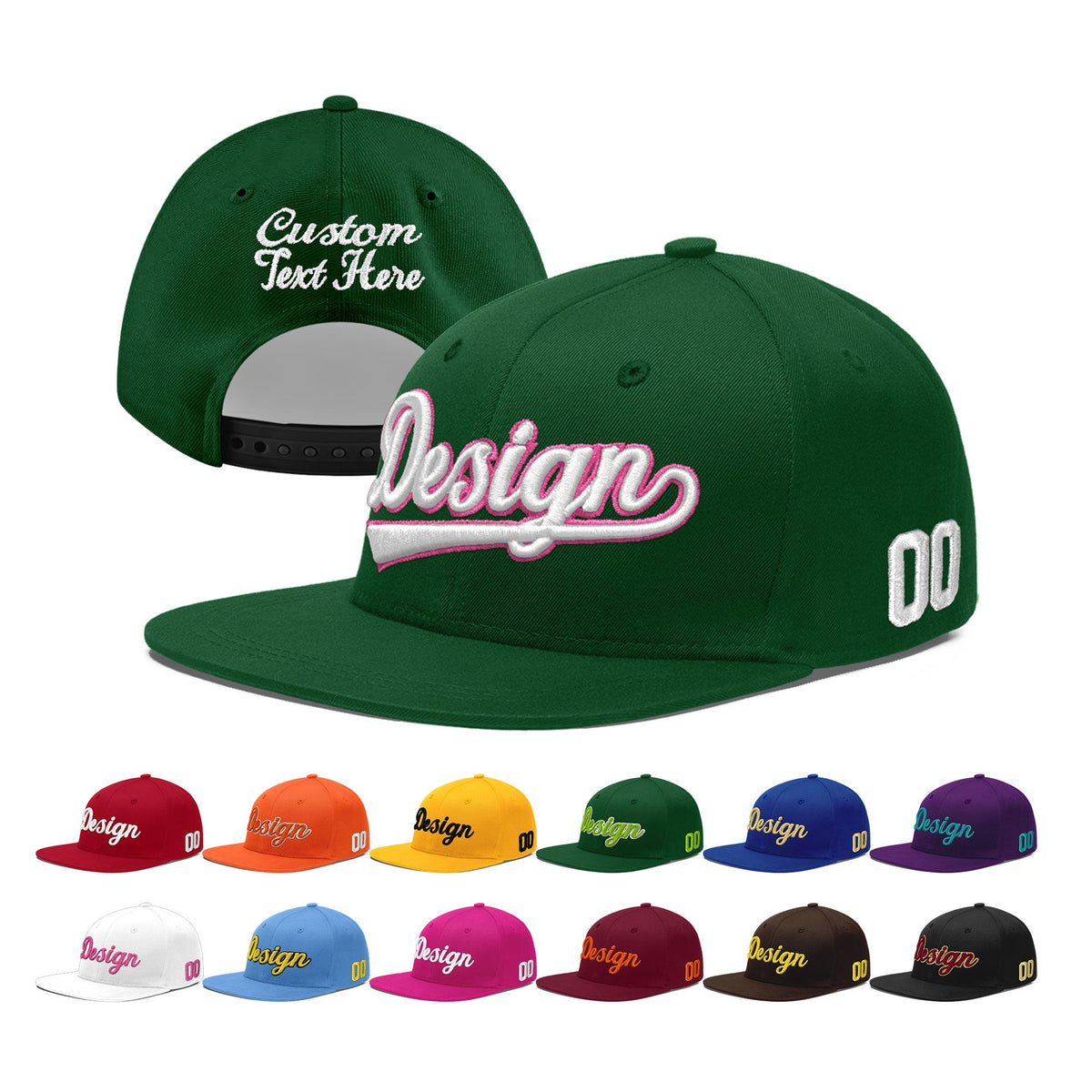 Custom Green 3D Puff Embroidery Flat Embroidery Casual Sport Baseball Cap