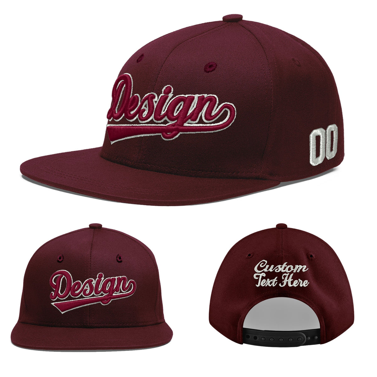 Custom Burgundy 3D Puff Embroidery Flat Embroidery Casual Sport Baseball Cap