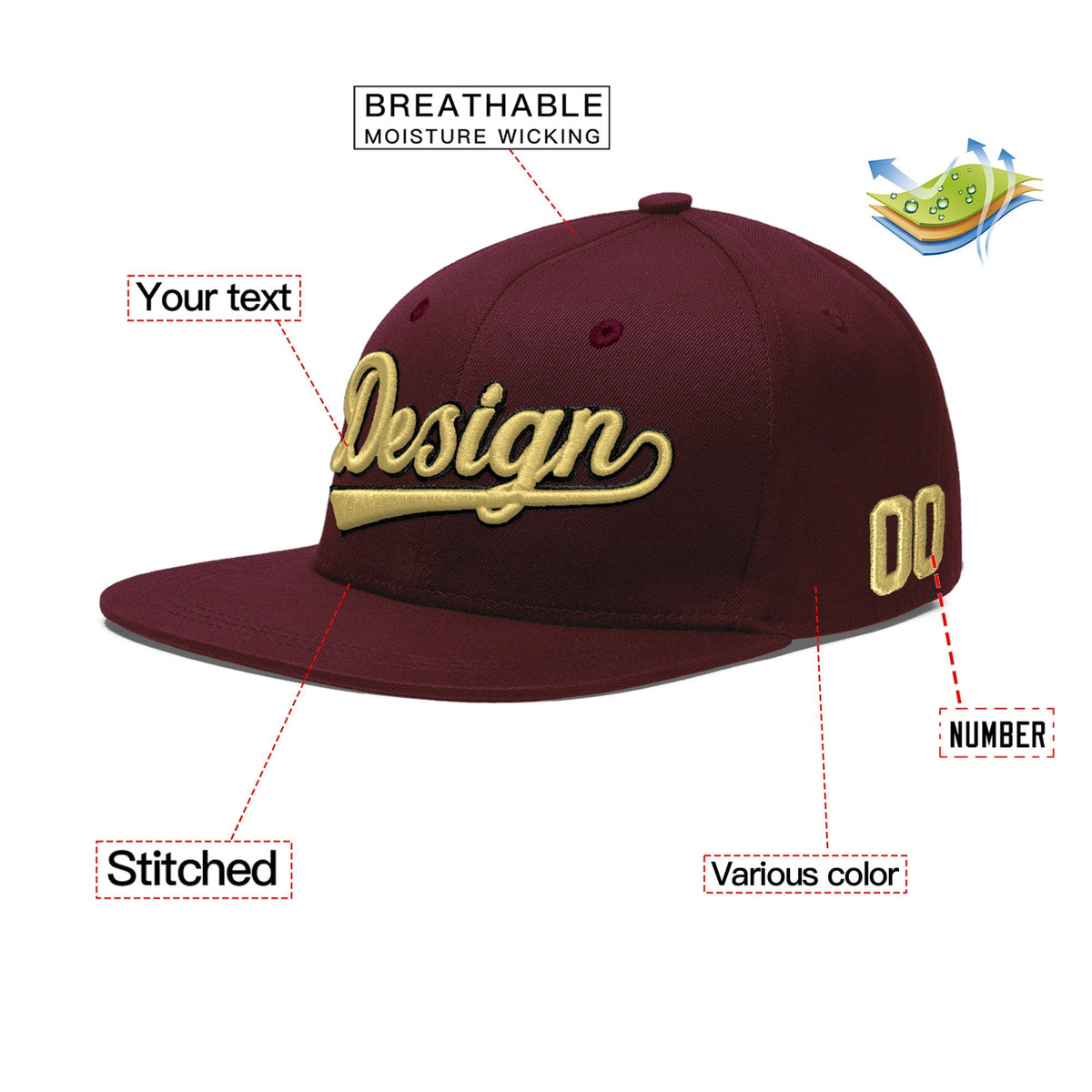 Custom Burgundy 3D Puff Embroidery Flat Embroidery Casual Sport Baseball Cap