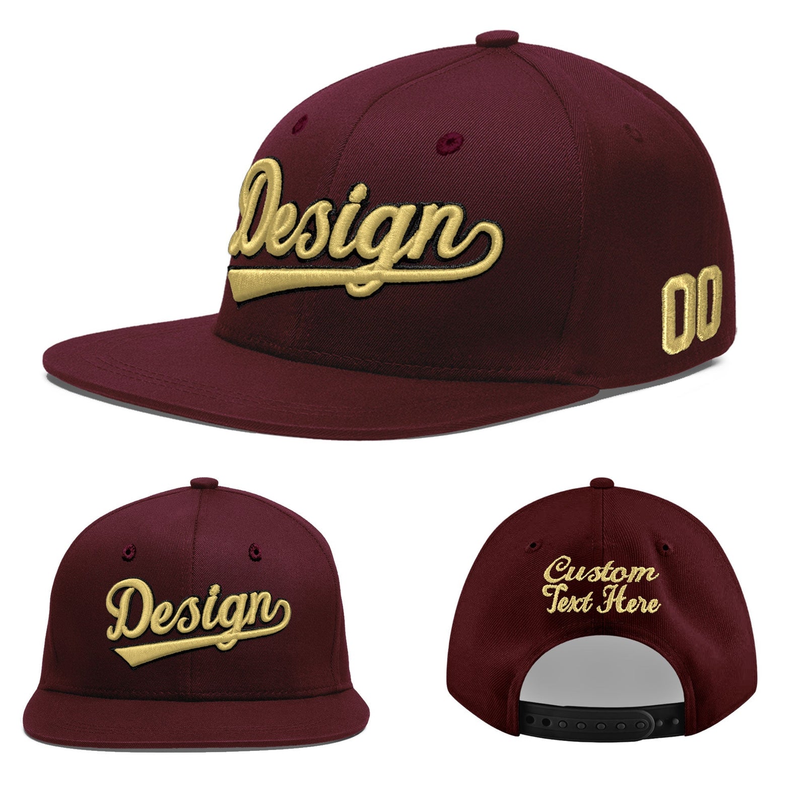 Custom Burgundy 3D Puff Embroidery Flat Embroidery Casual Sport Baseball Cap