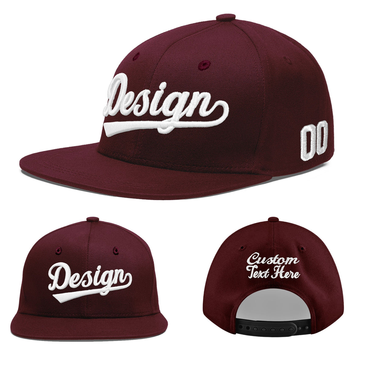 Custom Burgundy 3D Puff Embroidery Flat Embroidery Casual Sport Baseball Cap