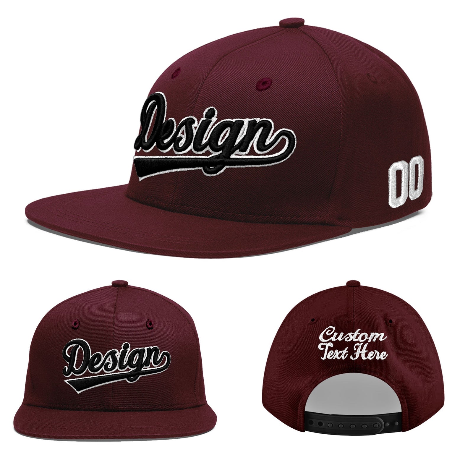 Custom Burgundy 3D Puff Embroidery Flat Embroidery Casual Sport Baseball Cap
