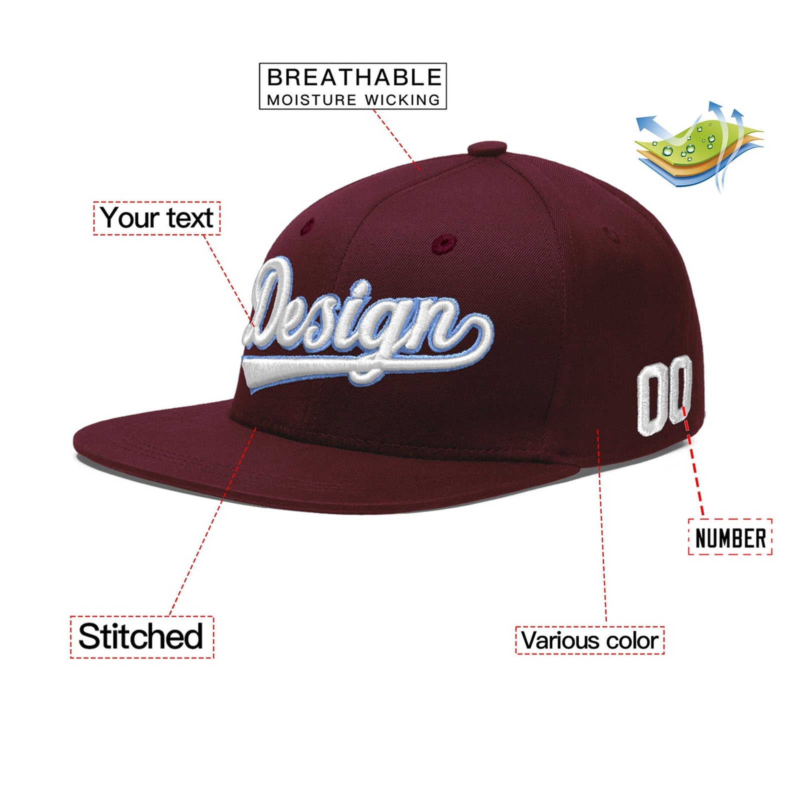 Custom Burgundy 3D Puff Embroidery Flat Embroidery Casual Sport Baseball Cap