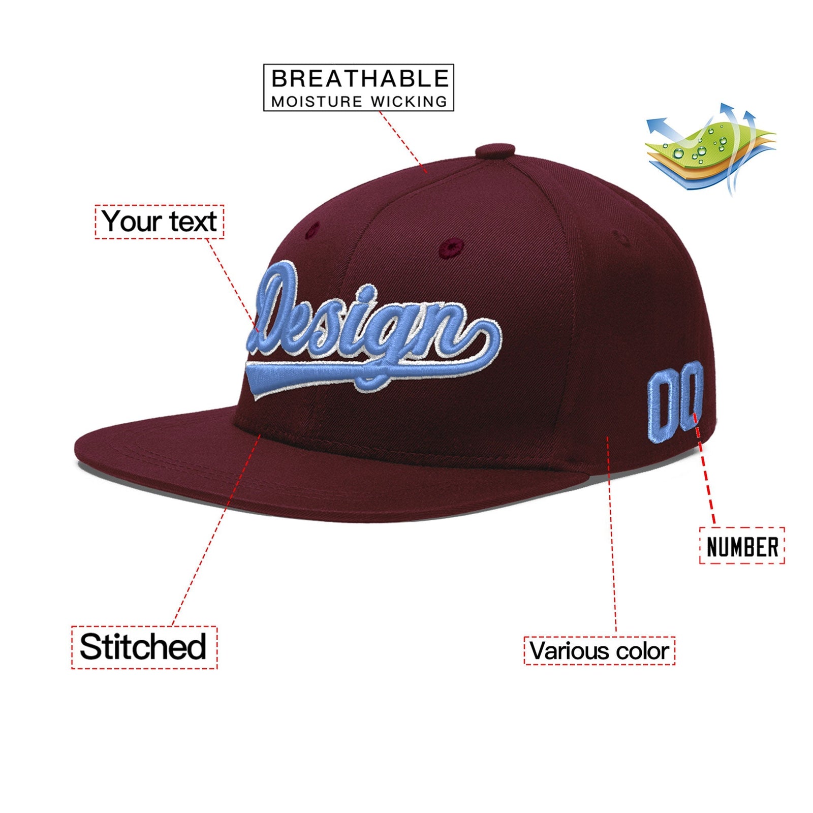 Custom Burgundy 3D Puff Embroidery Flat Embroidery Casual Sport Baseball Cap