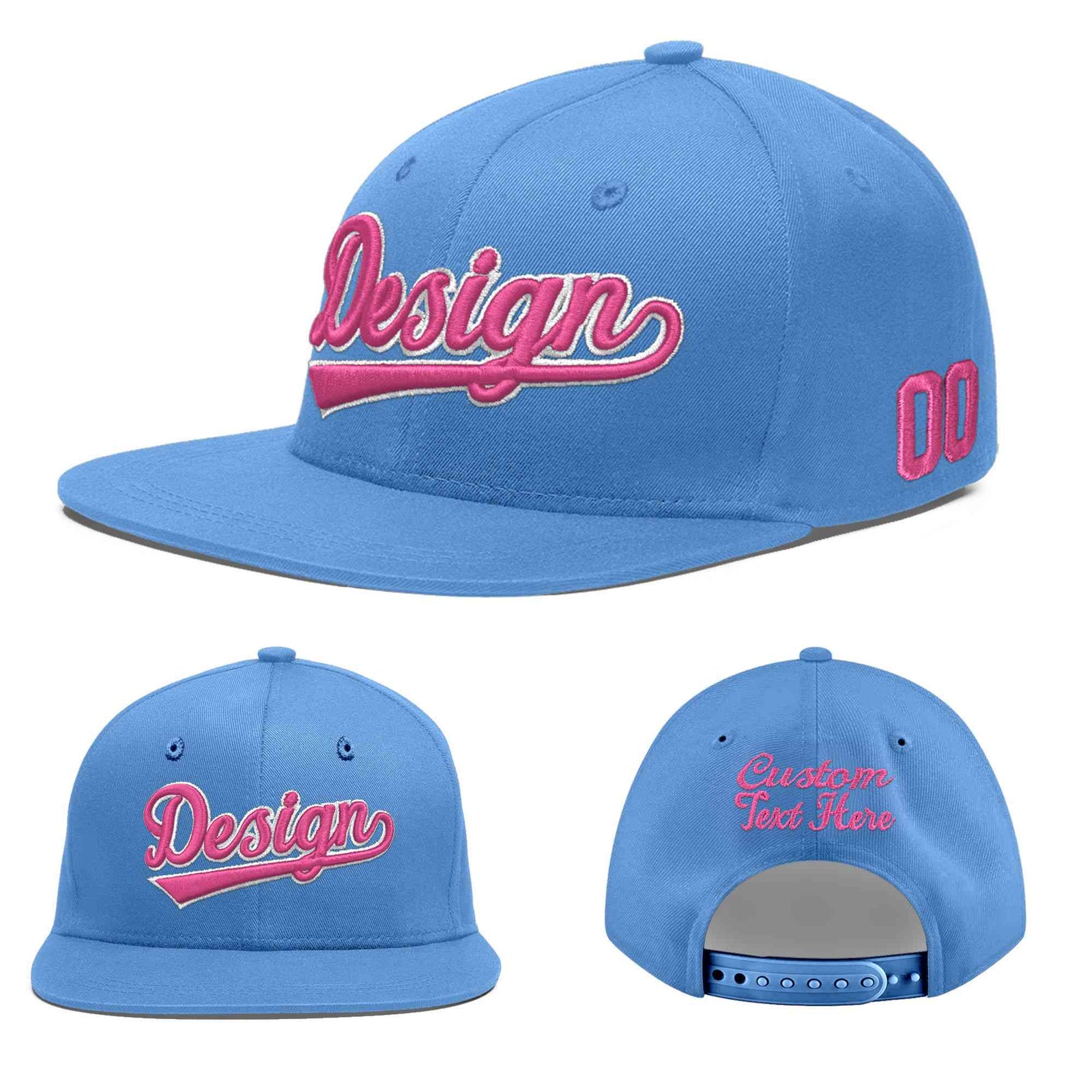 Custom Light Blue 3D Puff Embroidery Flat Embroidery Casual Sport Baseball Cap
