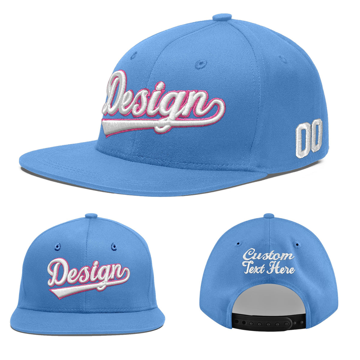 Custom Powder Blue 3D Puff Embroidery Flat Embroidery Casual Sport Baseball Cap